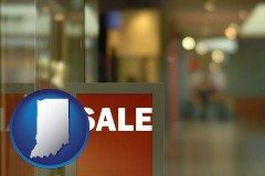 indiana map icon and a department store display advertisement