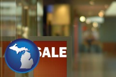 michigan map icon and a department store display advertisement