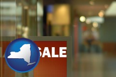 new-york map icon and a department store display advertisement