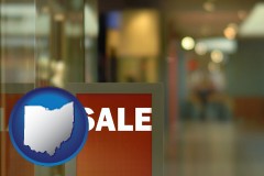ohio map icon and a department store display advertisement