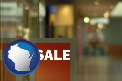 wisconsin map icon and a department store display advertisement